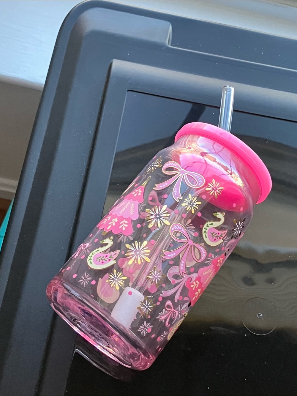 Pink Christmas Print Tumbler w Straw